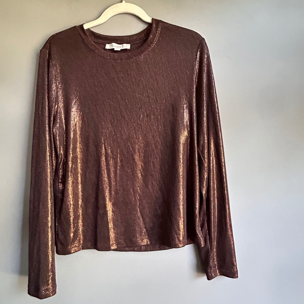 LOFT Women Bronze Metallic Shimmer Long Sleeve Crew Neck Top Large Holiday Party